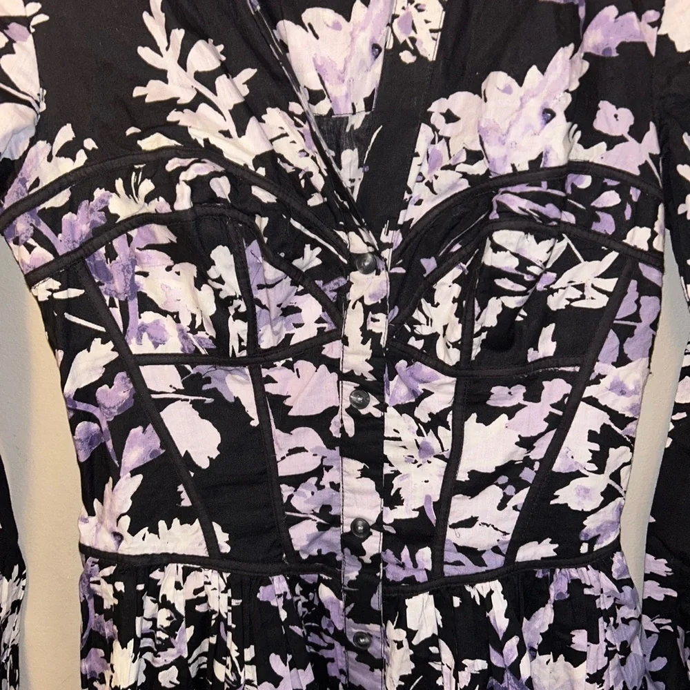 Anthropologie Corset Mini Shirt Dress - Black/White/Purple Floral long sleeve
